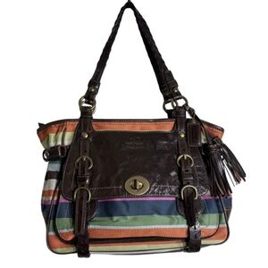 Coach Legacy Stripe Varsity Tote Bag Multicolor Canvas + Brown Leather 12613